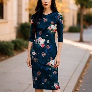 TOPSHOP Women's 6 Fitted Midi Soft Stretch 3/4 Sleeve Floral Butterfly Dress